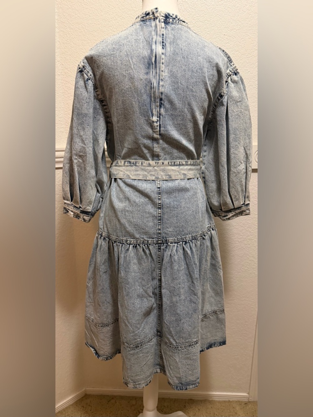 Front Row by Sara & Goldy Boho Denim Belted Midi Dress – Tiered | Puff Sleeve - Picture 10 of 12